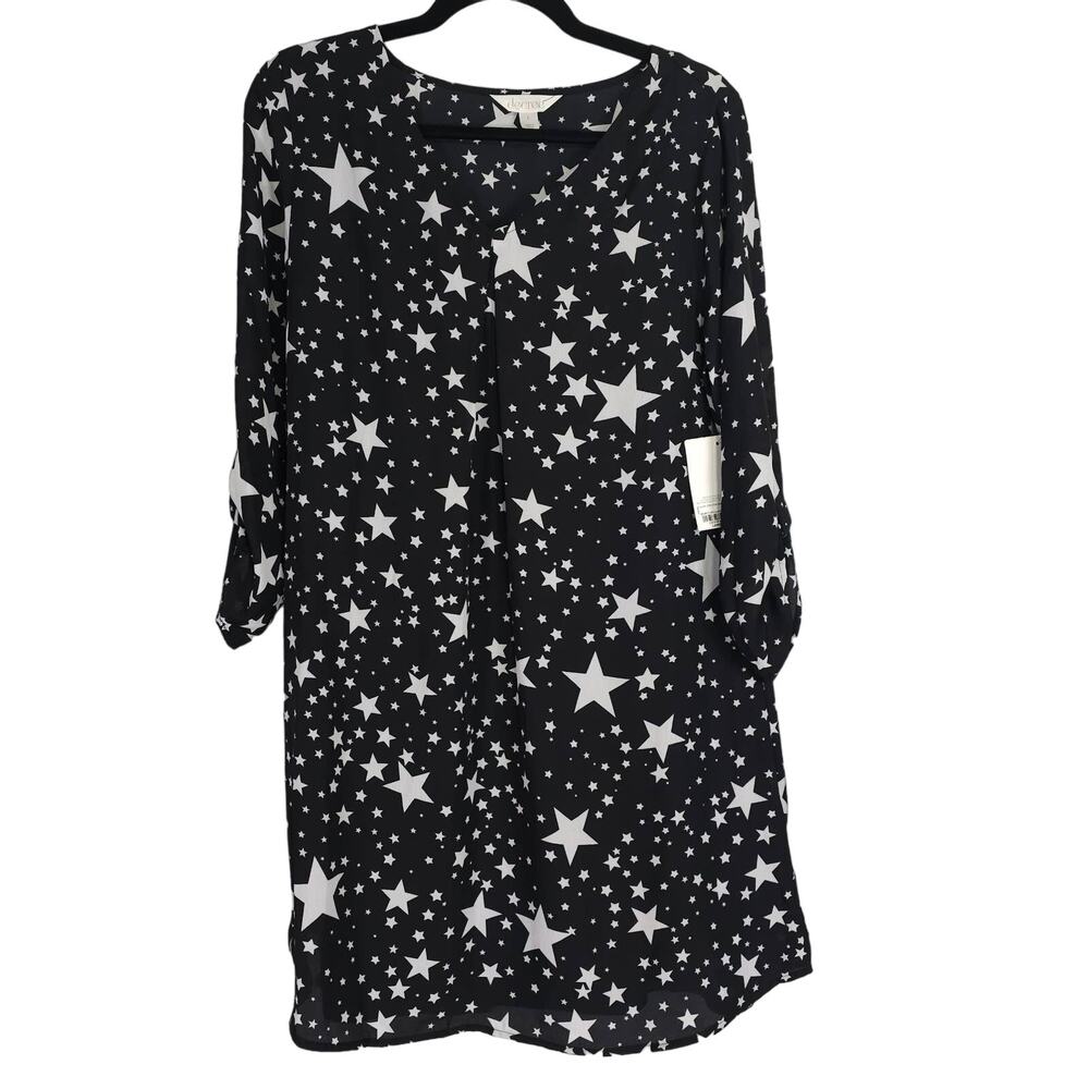 Decree Womens Size Lโ Oh My Stars Black White Shirt Dress Roll Tab Sleeve NEW